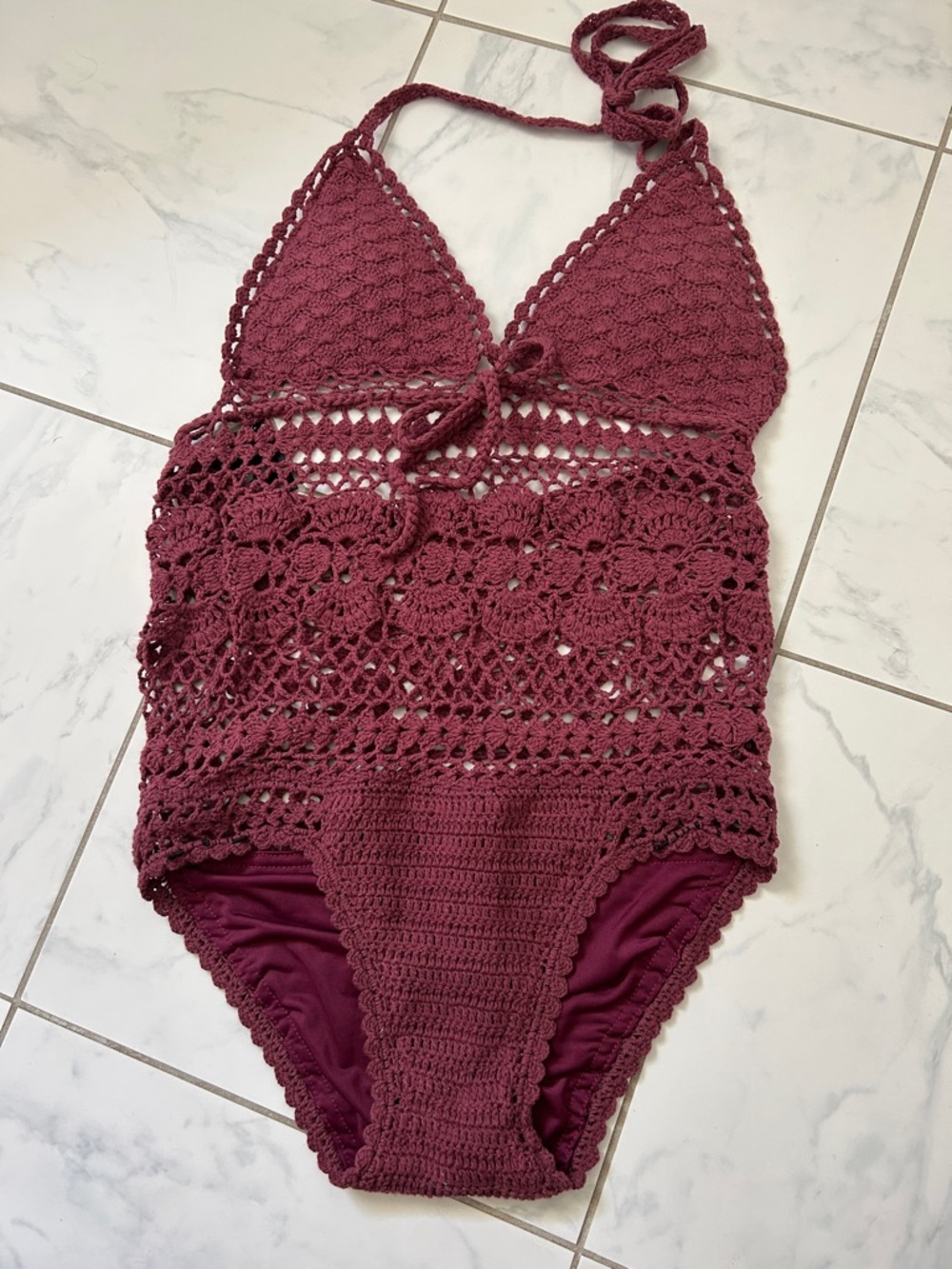 Women’s Crochet One-Piece Swimsuit in Wine